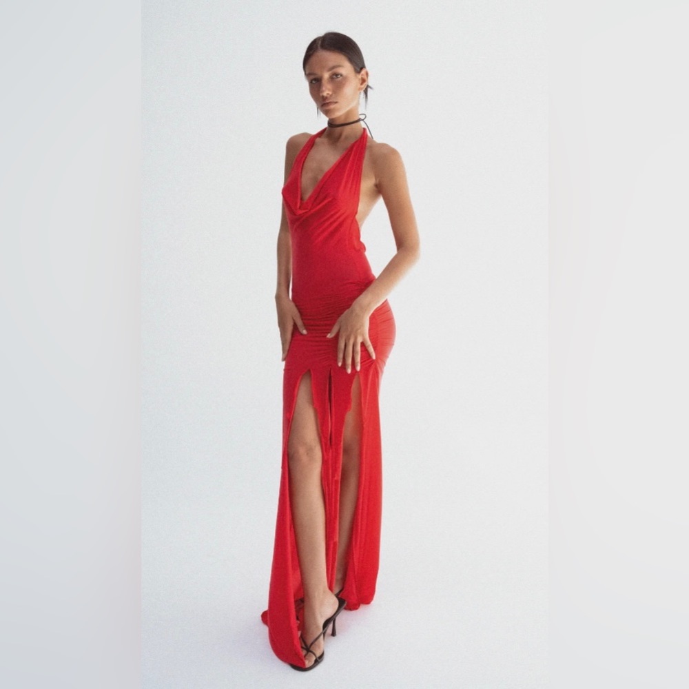 Red backless slit up the leg